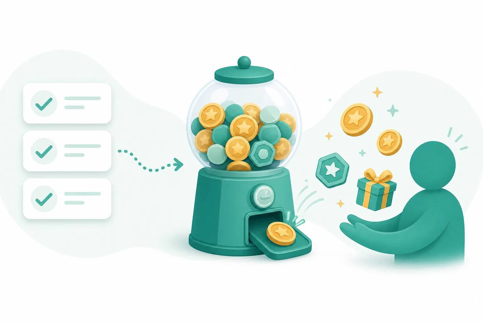 Illustration: completed tasks trigger a reward dispenser that releases tokens, badges and gifts